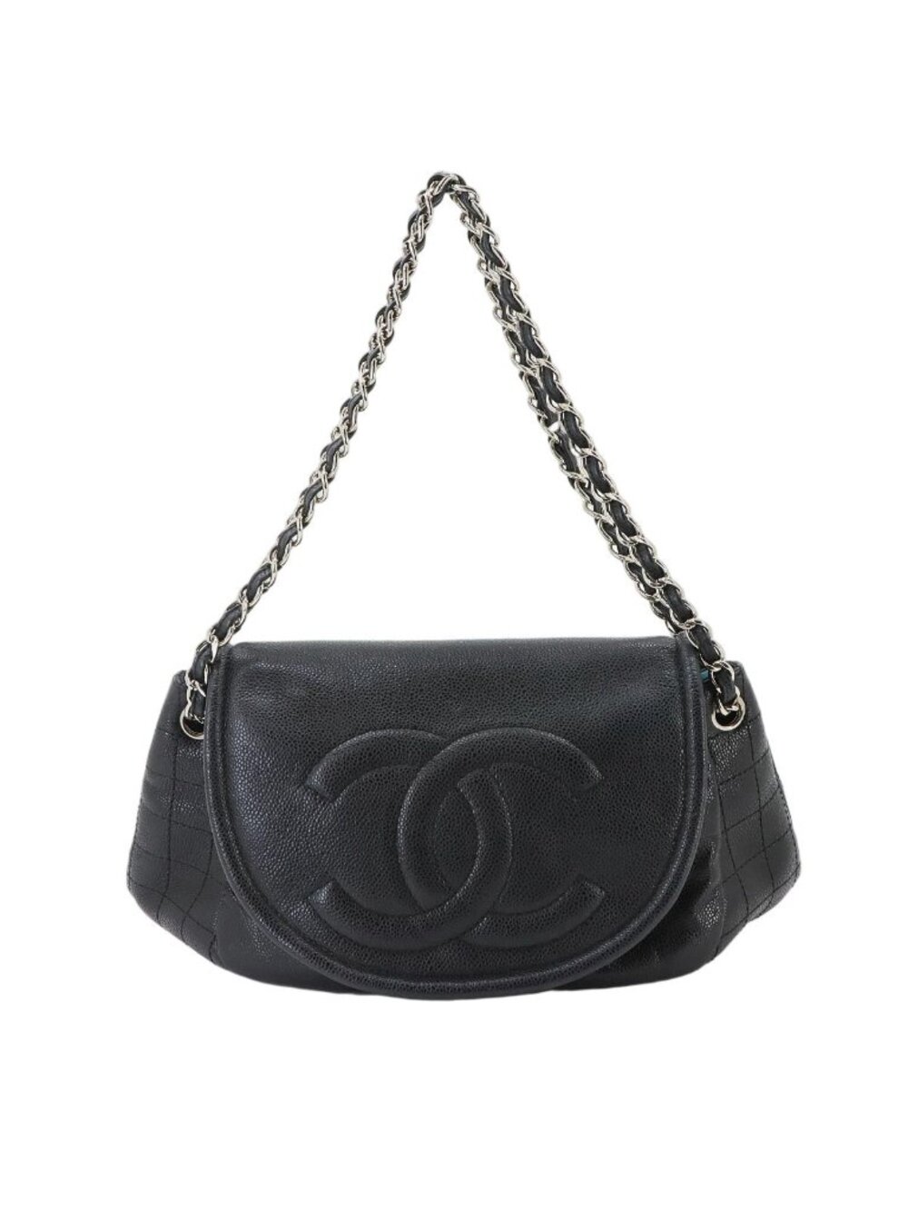 Chanel Half Moon Chain Shoulder Bag Caviar Leather Black Silver